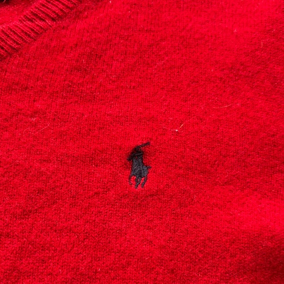 RL Polo Vibrant 100% Lambs Wool Classic Red V-Neck Sweater with Navy Polo horse - Picture 6 of 9